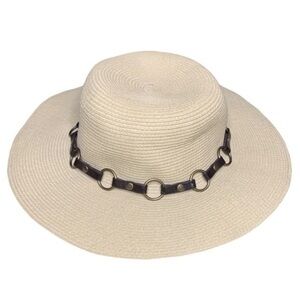 NEW August T Natural Straw Hat Sun Hat with Brown Leather and Brass Ring Acccent